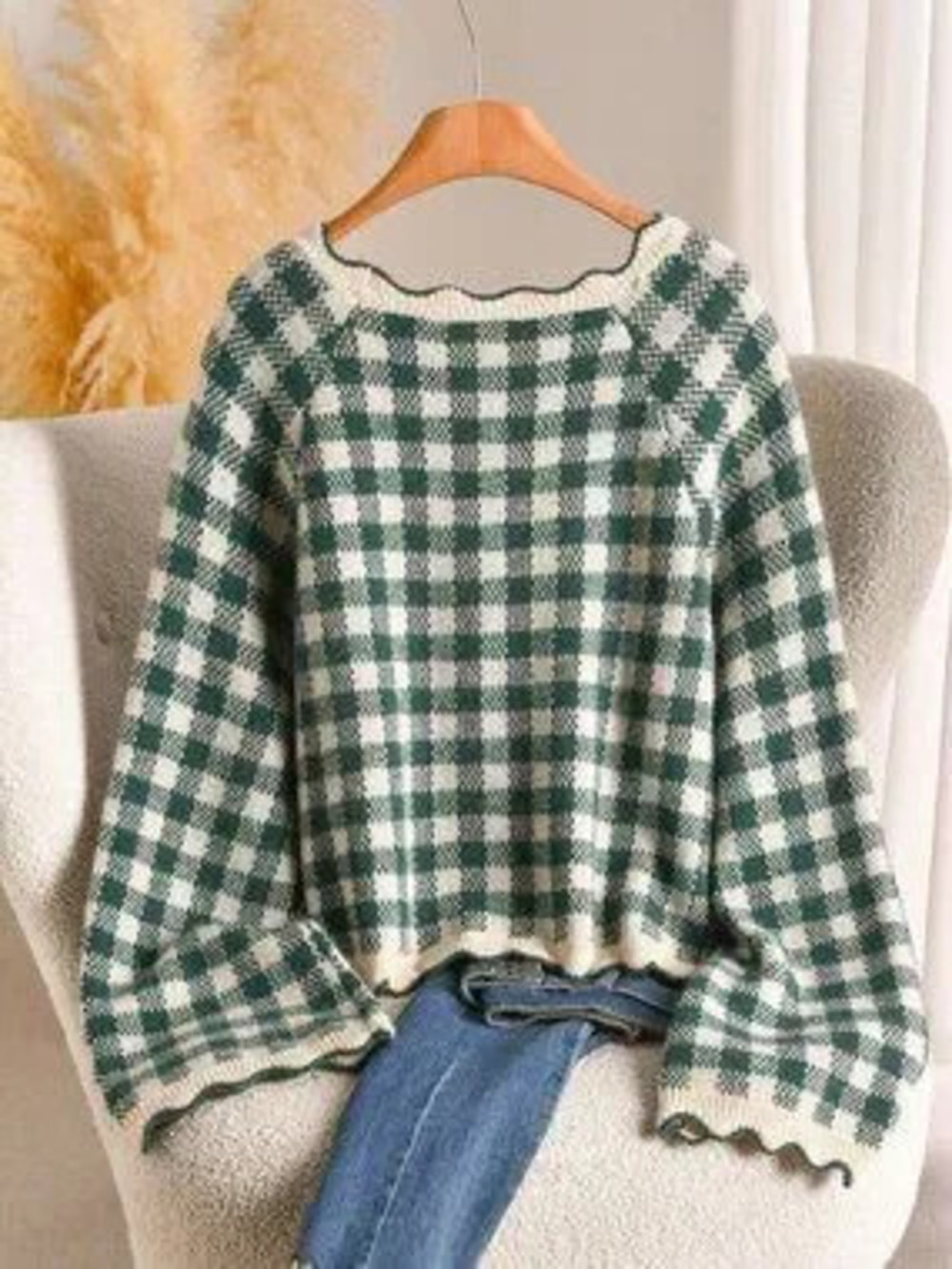 green Casual Slim Fit Women's Round Neck Gingham Plaid Raglan Pullovers - Picture 4 of 6